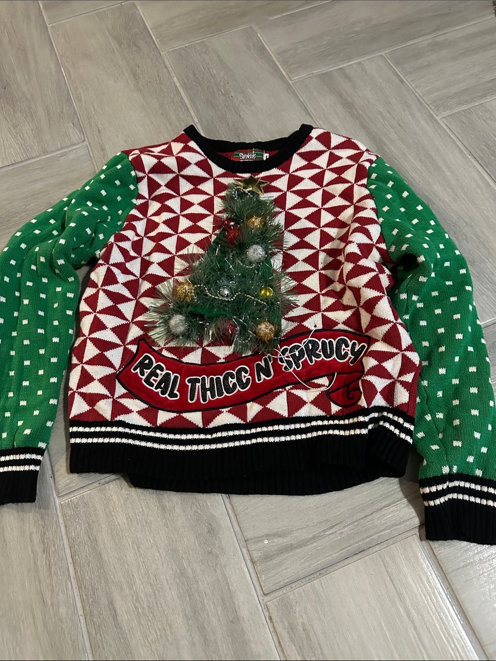 Ugly Sweater Holiday Patchwork Knit Sweater with 3D Christmas Tree - Red & Green